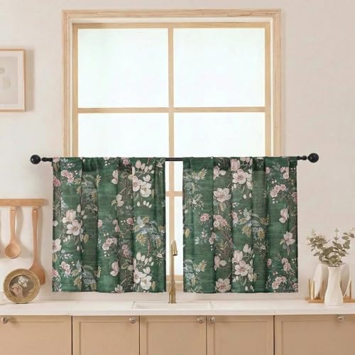 Aiyufeng Floral Tiers Curtains 24 Inch Length for Kitchen, Flower Patterned Soft Airy Light Filtering Country Style Rod Pocket Small Window Treatments Short Drapes, W30 X L24 Inch, Dark Green - color: Dark Green, size: 30"W x 24"L (Pack of 2)