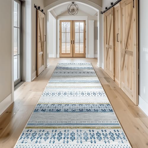2x6 Washable Area Rugs for Living Room Boho Runner Rug Blue/Brown - color: Blue/Brown, size: 2' x 6' (Runner)