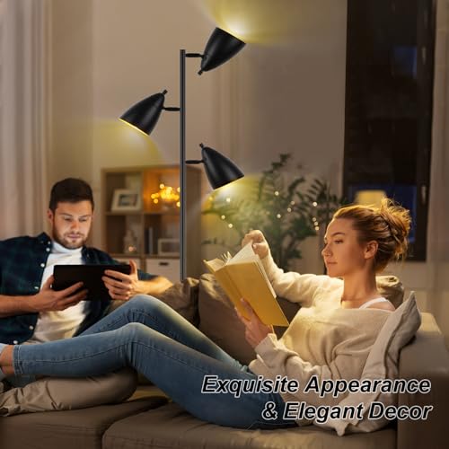 LALISU Tree Floor Lamp for Living Room, Industrial 3-Light Standing Lamp - color: Metal Black