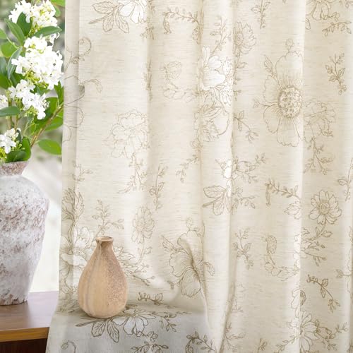 LAMIT 90 Inch Taupe Floral Linen Semi Sheer Curtains for Living Room - color: Taupe on Beige, size: 52"W x 90"L (Pack of 2)