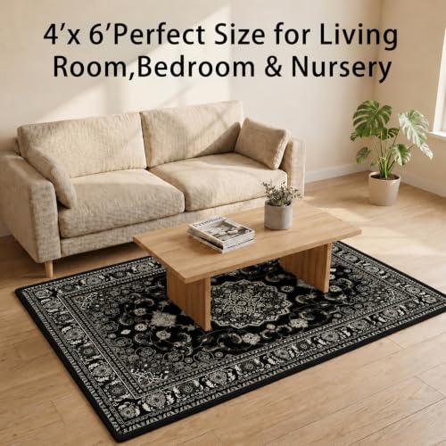 Boho Black Area Rug 4x6 Soft Machine Washable Neutral Vintage Area Rug with Non-Slip Backing Low Pile Throw Rugs for Entryway, Living Room, Kitchen, Kis Room, Office, Bedroom, Laundry Mat Carpet Decor - color: Bohoblack, size: 4' x 6' (Rectangular)