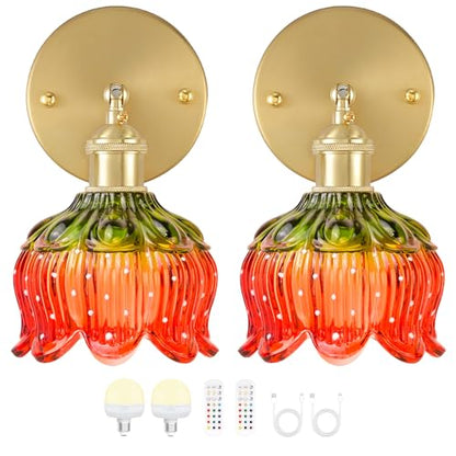 Battery Operated Wall Sconces Set of 2, Red Tulip Glass Wall Lights | Rechargeable flower wall lamps with remote control, 15 colors, 10-level dimming and timer for bedroom and living room - color: Red