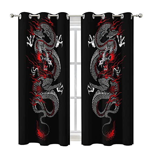 Fantasy Chinese Dragon Curtains - Cool Retro Black Red Japanese Anime Dragon Window Drapes Room Darkening Blackout Curtains Thermal Insulated Grommet Curtains for Bedroom 2 Panels 45L x 21W - color: Fantasy Chinese Dragon, size: 42"W x 45"L (Pack of 1)