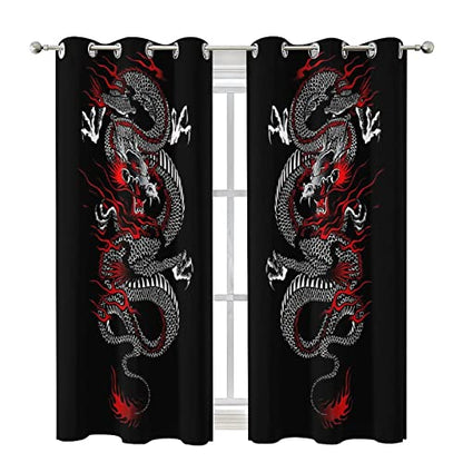 Fantasy Chinese Dragon Curtains - Cool Retro Black Red Japanese Anime Dragon Window Drapes Room Darkening Blackout Curtains Thermal Insulated Grommet Curtains for Bedroom 2 Panels 45L x 21W - color: Fantasy Chinese Dragon, size: 42"W x 45"L (Pack of 1)