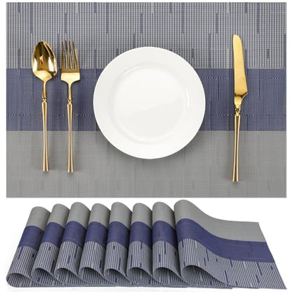 Placemats Set of 8, Vinyl Woven Heat-Resistant Place Mats - color: Blue Gray, size: Set of 8