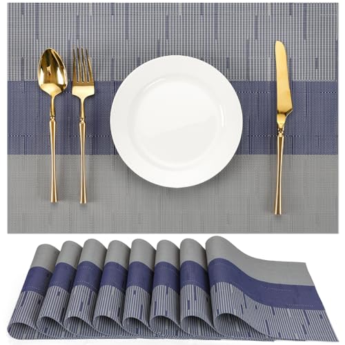 Placemats Set of 8, Vinyl Woven Heat-Resistant Place Mats - color: Blue Gray, size: Set of 8