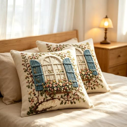 2D Flat French Arch Window Floral Linen Throw Pillow Covers 18x18 Set of 2 - color: A20025, size: 18" x 18" (Pack of 2)