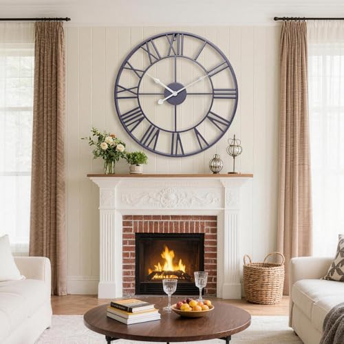 24 Inch Slate Gray Metal Big Roman Numerals Large Wall Clocks - color: Slate Gray, size: 24 Inch