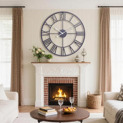 24 Inch Slate Gray Metal Big Roman Numerals Large Wall Clocks - color: Slate Gray, size: 24 Inch