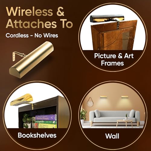 Concepdesigns Picture Light, Battery Operated Picture Light, Dimmable Wireless Picture Lights for Wall, Art Light, Library Light Battery Operated with Remote Control - 7.75 inches, Polished Brass - color: Polished Brass, size: 7.75 inch