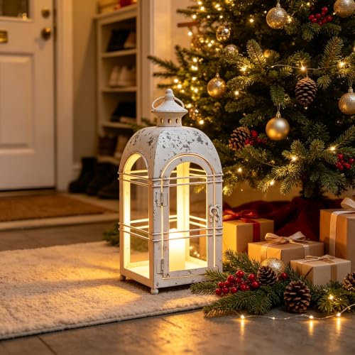 14" H Vintage Farmhouse Metal Candle Lantern, Rustic Distressed White Glass-Free Open Frame Hanging Candle Holder, Indoor & Covered Outdoor Decor for Garden Front Porch Patio Wedding - color: White - No Glass