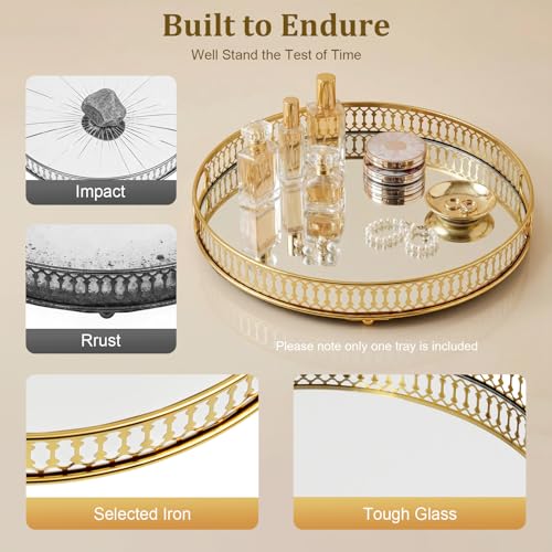 Serving Tray, Gold Perfume Tray 12.6"x1.6" Mirrored Vanity Tray Glass Metal Trinket Storage Tray Decorative Jewelry Tray for Dresser Bathroom Countertop (Round) - size: 12.6"
