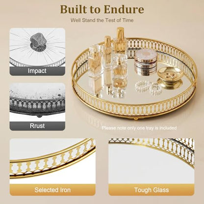 Serving Tray, Gold Perfume Tray 12.6"x1.6" Mirrored Vanity Tray Glass Metal Trinket Storage Tray Decorative Jewelry Tray for Dresser Bathroom Countertop (Round) - size: 12.6"