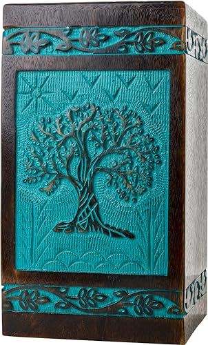 Tree of Life Wooden Urn for Human Ashes, Medium 115 Cu in, Teal - color: Teal Green, size: Medium (115 cu in)