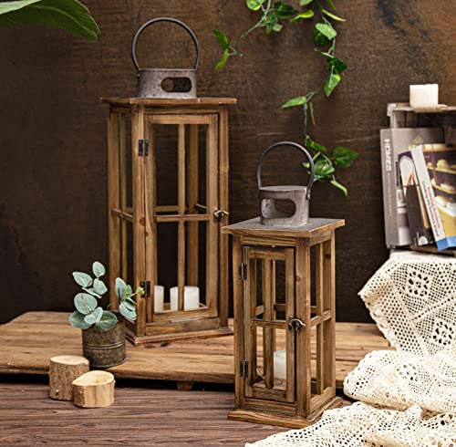 TIMRIS Large Farmhouse Wooden Metal Lantern Set of 2, Rustic Decorative Floor Candle Lanterns, Vintage Distressed Hanging Lanterns for Home Décor (No Glass) - color: Brown