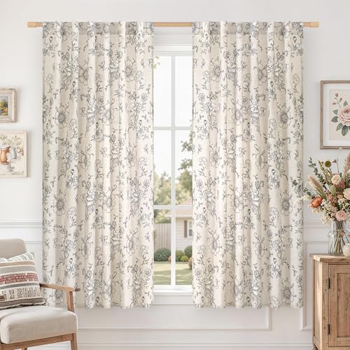 LAMIT Floral Linen Window Curtains 63 Inch Length, 2 Panels, Black - color: Black on Beige, size: 52"W x 63"L (Pack of 2)