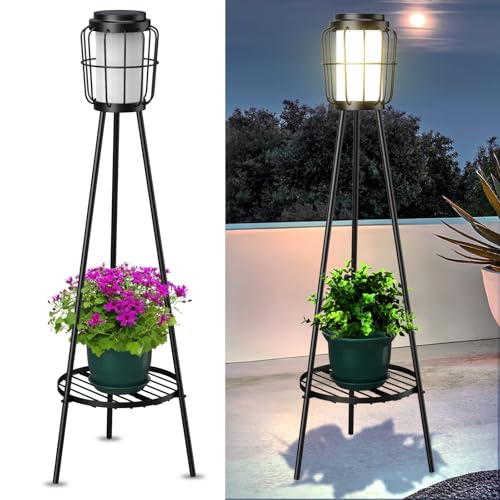 MXwcy 2 Pack Solar Lights Outdoor with Plant Stand, Waterproof Solar Floor Lamp & Tall Metal Planter Holder for Outside, Decorative Tripod Pathway Lantern for Patio, Garden, Porch, Yard Decor - color: A- 2Pack Black - Single shelf, size: Medium