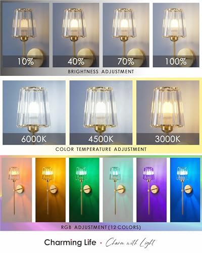 Battery Operated Wall Sconces Set of 2, Gold Crystal Wireless Wall Lights with Remote, 5000mAh Rechargeable (20H Run Time), Dimmable RGB & 3 Color Modes, Art Deco Vanity Sconce for Bedroom Living Room - color: Gold