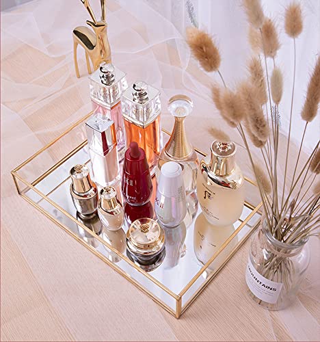 Sooyee Gold Rectangle Mirror Tray, Metal and Glass Fragrance Tray, 12"x8" - color: Gold