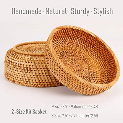 Set of 2 Round Rattan Bowl Baskets, 8 9 Inch Handmade Wicker Basket Tray with 3”Deep Wall, Decorative Woven Brown Bread Basket Fruit Bowl Table Key Holder, 2-Size - size: 2-Size Kit (Includes 8" & 9")