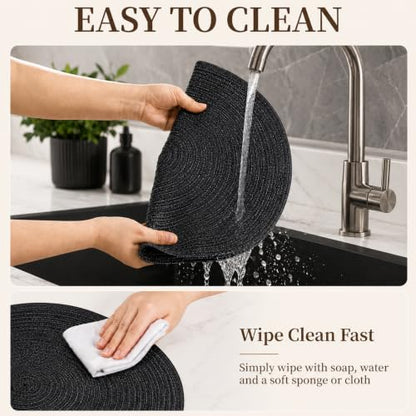 TaroKitc 15 inch Round Placemats Set of 6, Black - color: Black