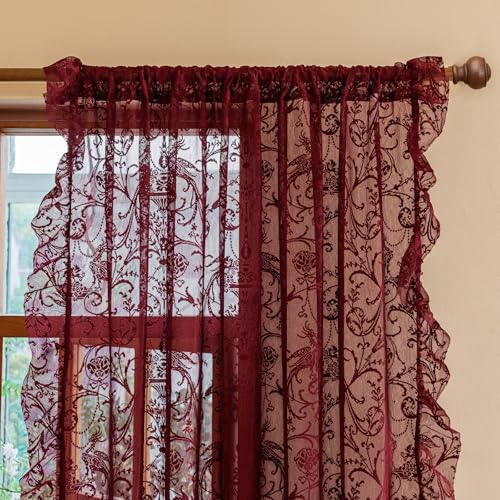 TUDECO Sheer Burgundy Curtains for Bedroom 2 Panels Set - Romantic Floral Branch Wine Red Lace Curtains 72 Inch Length, Embroidered Ruffle Window Treatment Vibrant Home Decor, 59 x 72 Inch, Maroon - color: Burgundy, size: 59"W x 72"L (Pack of 2)