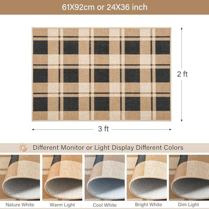 AROGAN 2x3 Checkered Jute Mat, Washable Non-Slip Farmhouse Rug, Black/Brown - color: Nature, size: 2' x 3' (Rectangular)