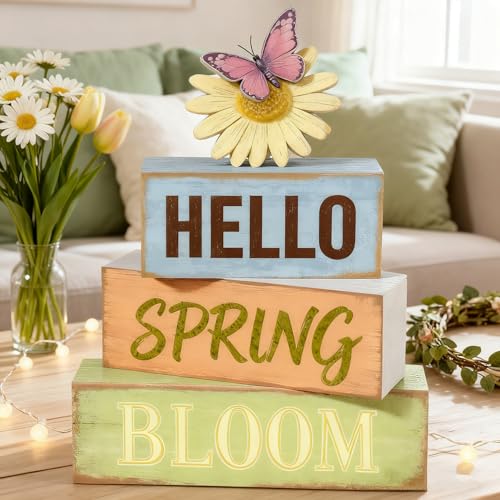 Spring Decoration Wooden Tiered Tray Decor – Rustic Hello Spring Bloom Stacked Block Sign with Butterfly Daisy Topper – Farmhouse Tabletop Spring Decor for Living Room Shelf Kitchen Coffee Bar Seasonal Home Display - style: Butterfly