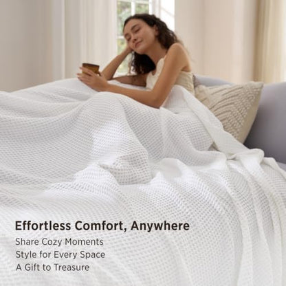 Bedsure 100% Cotton Blanket, Waffle Weave, Queen Size, White, 90"x90" - color: 01 White, size: Queen (90" X 90")