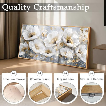imjiayu White Gold Floral Canvas Wall Art Framed Abstract Botanical Print - color: White and Gold Flowers, size: 40"L x 20"W