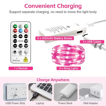 8 Pack Rechargeable LED Fairy Lights 7Ft 20LED Battery Operated - color: Pink
