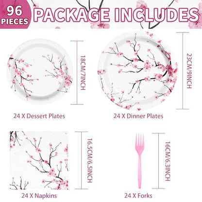 Grencian 96 PCS Cherry Blossom Party Supplies Cherry Decorations, Serves 24 - style: Cherry Blossom Kit