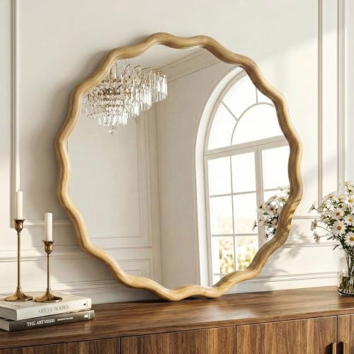 Round Wavy Wood Bathroom Vanity Mirror, 24" Boho Decorative Wall Mirror - color: Natural B, size: 24"L x 24"W