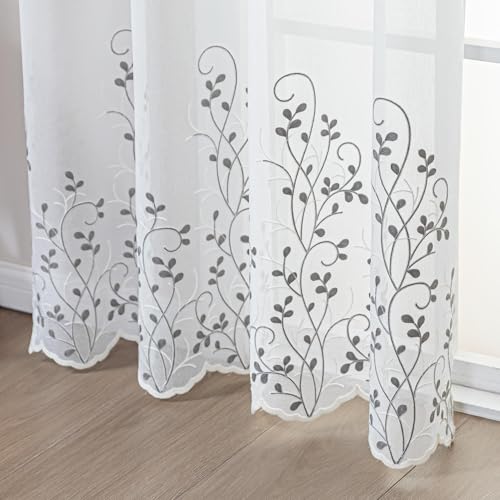 SLEEP ZONE Sheer Curtains for Living Room and Bedroom, Embroidered Sheer Curtains White Sheer Curtain 42 × 84 inches Long of 2 Panels, White Twig - color: White Twig, size: 42"W×84"L