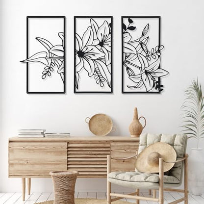 Therwen Black Metal Wall Art Minimalist Floral Hanging, Classic Style - style: Three Flower