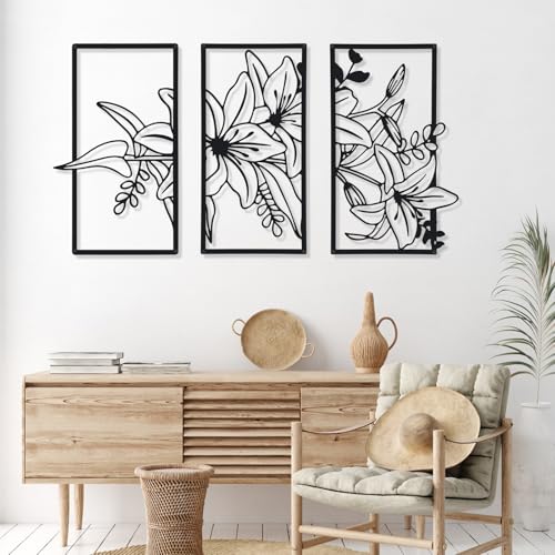 Therwen Black Metal Wall Art Minimalist Floral Hanging, Classic Style - style: Three Flower