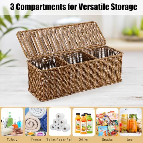 Sumnacon Wicker Storage Basket with Lid, Rectangle Bathroom Narrow Baskets - color: Brown
