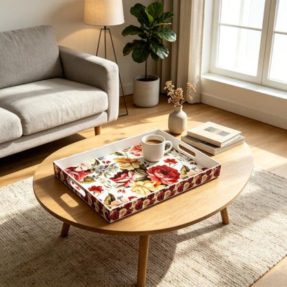 Serving Tray with Handles, 15.7 * 11.8 inches, Plastic Ottoman Tray with Exquisite Paintings, Trays for Coffee Table - color: Red Bloom