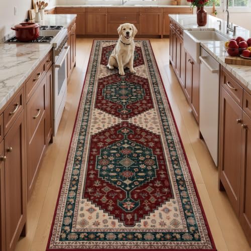 Tangsoo 2.6x10 Long Runner Rug for Hallways,Burgundy Washable Non-Slip Rug - color: Burgundy Blue, size: 2.6x10ft