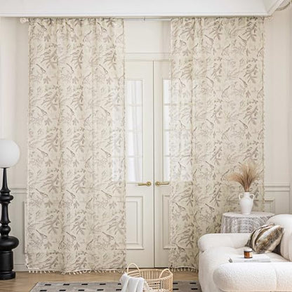Birds Sheer Curtains 54 inch Long, Fringed Edges and Textured Semi Sheer Curtains Large Window Treatments for Living Room/Bedroom, 2 Panels - color: Birds, size: 52"W x 54"L (Pack of 2)