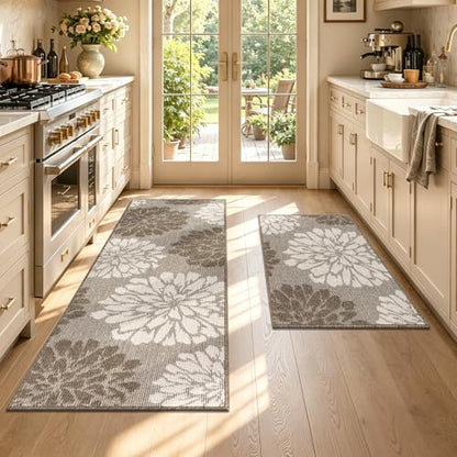 Findosom Kitchen Rugs Sets of 2, Floral Washable Kitchen Runner Rug, Brown - color: Brown, size: 24" x 36" + 24" x 71"