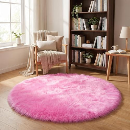 duduta Hot Pink Faux Fur Sheepskin Round Rug 4x4 ft, Fluffy Shag Circle Rug - color: Hot Pink, size: 4' x 4' (Round)