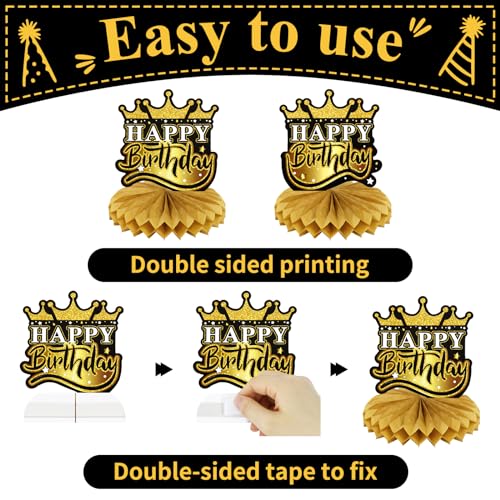 9 PCS Happy Birthday Party Table Decorations | Black and Gold Birthday Center Pieces for Table | Birthday Honeycomb Table Centerpieces | Reusable Birthday Table Toppers for Girls Boys Women Men