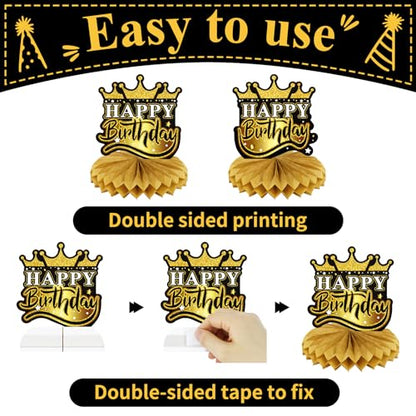 9 PCS Happy Birthday Party Table Decorations | Black and Gold Birthday Center Pieces for Table | Birthday Honeycomb Table Centerpieces | Reusable Birthday Table Toppers for Girls Boys Women Men