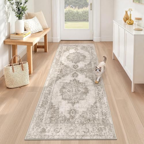 Runner Rug 2x6 Washable Rugs: Vintage Hallway Kitchen Runner Non Slip Low Pile Rug Runner Soft Stain Resistant Indoor Carpet Runners for Entryway Hall Bedroom Bedside (Taupe, 2'x6') - color: Taupe, size: 2' x 6' (Rectangular)