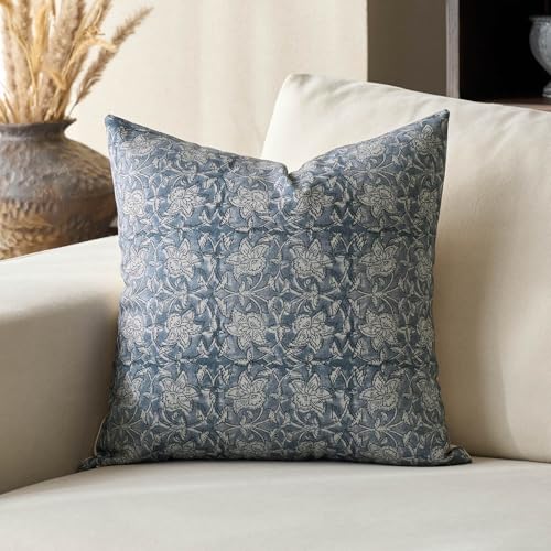DOMVITUS Floral Pillow Covers 20x20 Throw Pillow Covers Block Print Vintage Decorative Neutral Pillow Cover for Couch Bed Living Room Dusty Blue 1PC - color: Dusty Blue, size: 20" x 20" (Pack of 1)