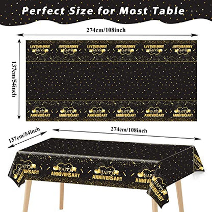 Tevxj 3 Pack Happy Anniversary Tablecloth Disposable Anniversary Party Decorations Black Gold Dot Confetti Table Covers Party Supplies for Rectangle Tables Favors for Guests 54 x 108 Inch - style: Happy Anniversary