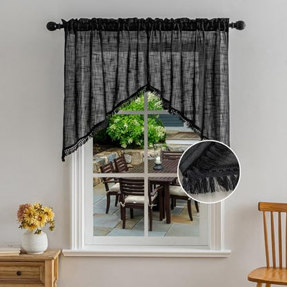 Beda Home Tassel Linen Textured Swag Curtain Valance, Black, 36 x 36 in - color: Black, size: 36"W x 36"L (Pack of 2)