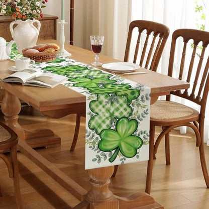 ONFAON St Patrick's Day Table Runner Decorations Shamrock Eucalyptus Heart Seasonal Spring Kitchen Dining Table Decoration for Home Party Decor 13x72 Inch - size: St Patricks 01