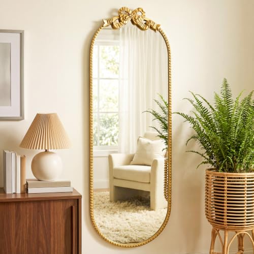 Vercraft Gold Bow Mirror 47" X 16" Vintage Arched Vanity Wall Decorative Mirror with Metal Frame Antique Baroque Bow Decor for Home Dressing Table Entryway Bathroom Hallway Living Room - size: 47"L x 16"W